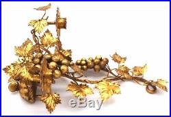 Italian Gold Gilt Grapes Leaves Tole Metal Candle Holders Wall Sconce Regency