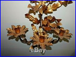 Italian Mid Century Gold Gilt Metal Wall Sconce Candle Holders Florentine 1950