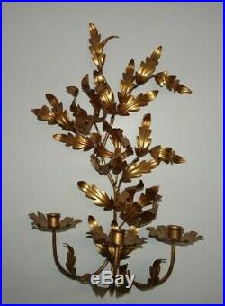 Italian Mid Century Gold Gilt Metal Wall Sconce Candle Holders Florentine 1950