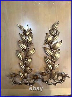Italian Pair Antique Metal Gilt Tole Leaf Sconce Ornate Candle Holder MCM Tagged