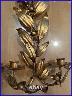 Italian Pair Antique Metal Gilt Tole Leaf Sconce Ornate Candle Holder MCM Tagged