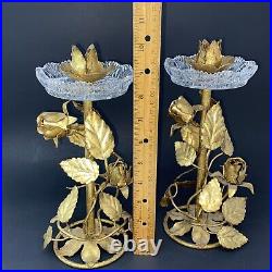 Italian Tole Handcrafted Ornate Gold Roses Candle Holders With Italy Tag