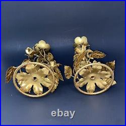 Italian Tole Handcrafted Ornate Gold Roses Candle Holders With Italy Tag
