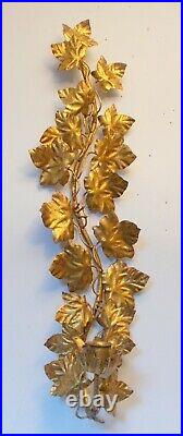 Italy TOLE Metal SCONCE Wall Candle Holder Gold Gilt Leaves Hollywood Regency