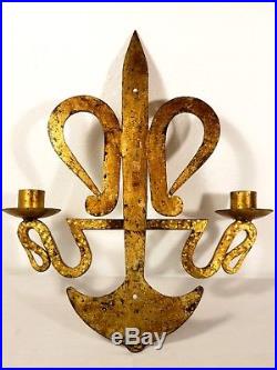 LARGE ANTIQUE Heavy Iron GILT GOLD SPANISH CANDLE HOLDER WALL SCONCE Vtg Lamp