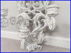 LARGE Vintage SHABBY Ornate WALL 3 Cup CANDLE Holders SCONCES Chippy WHITE Chic