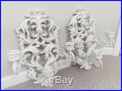 LARGE Vintage SHABBY Ornate WALL 3 Cup CANDLE Holders SCONCES Chippy WHITE Chic