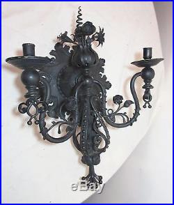LARGE antique ornate solid hand wrought iron candle holder wall sconce fixture
