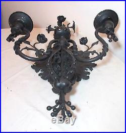LARGE antique ornate solid hand wrought iron candle holder wall sconce fixture