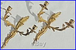 Large 13 Antique/Vtg Pair Solid Brass Flower Candle Holder Wall Sconces #5286