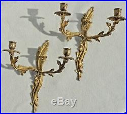 Large 13 Antique/Vtg Pair Solid Brass Flower Candle Holder Wall Sconces #5286