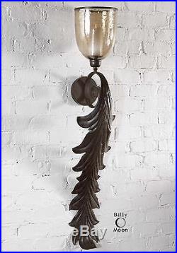 Large 52 Bronze Metal Leaf & Light Amber Glass Wall Sconce Candle Holder Tuscan