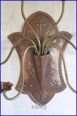 Large Arts & Crafts hammered brass copper wall candle holder