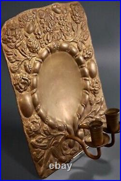 Large Dutch Blaker Repousse Brass Candle Wall Sconce