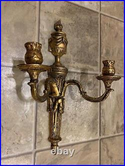 Large Italian Antique Solid Brass Double Candle Sconce Wall Mounted