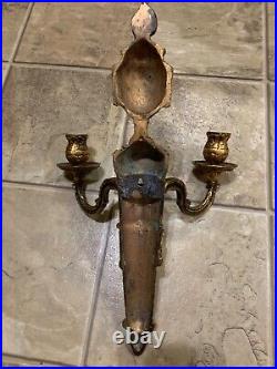 Large Italian Antique Solid Brass Double Candle Sconce Wall Mounted