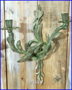 Large Pair Antique/Vtg 16 Ornate Solid Brass Flower Candle Holder Wall Sconces