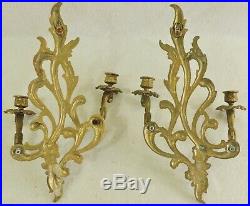 Large Pair Antique/Vtg 16 Ornate Solid Brass Flower Candle Holder Wall Sconces