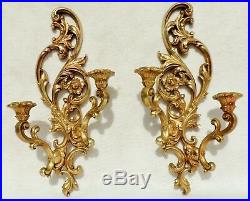 Large Pair Antique/Vtg Gold Syroco Flower Candle Holder Hanging Wall Sconce 5393