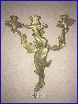 Large Pair Glo-Mar Art Works Inc. Brass 3 Candle Rococo Style Wall Sconce