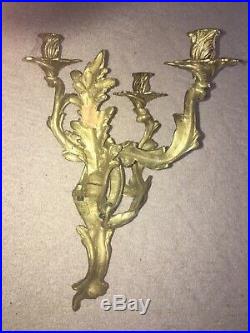 Large Pair Glo-Mar Art Works Inc. Brass 3 Candle Rococo Style Wall Sconce