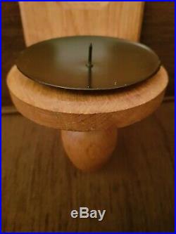 Large Pair Of Oak Wood Wall Sconce Pillar Candle Holders With Mirrors