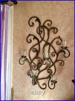 Large Scrolled & Leaf Metal Wall Hanging Sconce 5 Glass Cup Candle Holder Decor