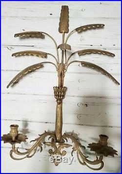 Large Solid Vintage Brass Candle Holders Wall Decor Sconces with Leaves Set of Two