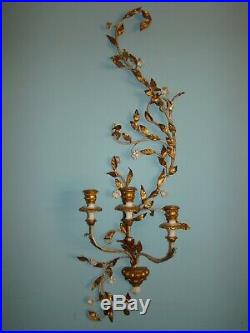 Large Vintage Italian Gilt Metal Tole Wall Sconce Candle Holders 45