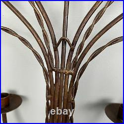 Large Vintage Pair Iron Metal Cattail Candlestick Wall Sconces 25