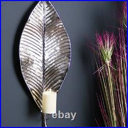 Large wall mounted CANDLE HOLDER tropical leaf shaped METAL silver tone 70cm