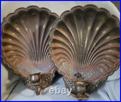 Lot 2 Vintage Big 14x11 Brass Copper Scallop Shell Wall Sconces Candle Holders