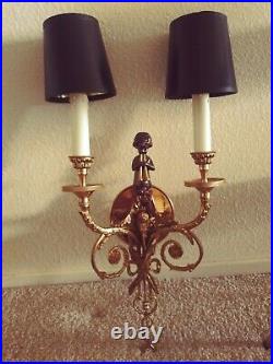 Lot of 2 Vintage Neoclassical Cherub 2 Trumpets Wall Sconces Brass Bronze SPAIN