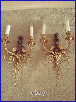 Lot of 2 Vintage Neoclassical Cherub 2 Trumpets Wall Sconces Brass Bronze SPAIN