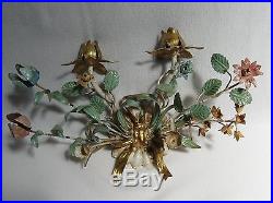 Lot of 2 Vintage Painted Metal Flower Floral Wall Sconce Candle Holders