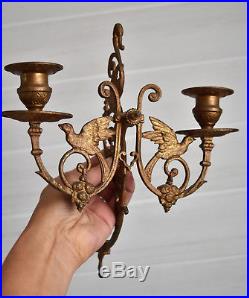 Lot of 3 Antique French Double Wall Candle Holders, piano sconce, bronze