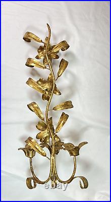 MCM Italian Gold Gilt Floral and Leaf Candle Holder Wall Sconce, Regency