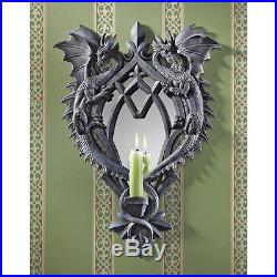 Medieval Gothic Twin Dragons Candle Holder Wall Mirror Sconce