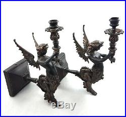 Metal Art Deco Victorian Angel Dragon Wall Sconces Taper Candle Holders Pair