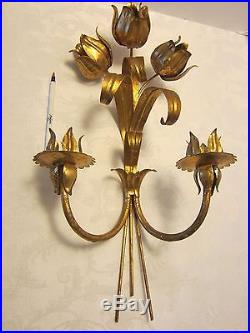 Metal Toleware Italy Wall 2 Candle Tulips Gild Sconce Hollywood Regency 19h