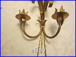 Metal Toleware Italy Wall 2 Candle Tulips Gild Sconce Hollywood Regency 19h