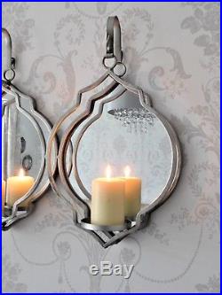 Metal shabby vintage chic wall mounted 3 x candle holder sconce silver mirrored