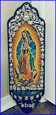 Mexican Milagros Retablo Large 18 Guadalupe Wood Folk Art Wall Candle Holder