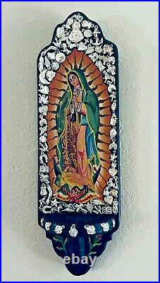 Mexican Milagros Retablo Painted Guadalupe Wood Folk Art Wall Candle Holder