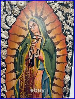 Mexican Milagros Retablo Painted Guadalupe Wood Folk Art Wall Candle Holder