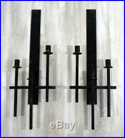 Mid Century Modern Pair of Hand Forged Iron Wall Sconces 3 Arm Candle Holders