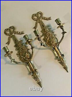 Mid Century Solid Brass Wall Hanging Double Candle Holder Sconces Bow Flowers
