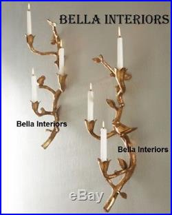 NEW FRENCH STUNNING HORCHOW IRON CHIRP BIRD GOLD Candle Holder Wall Sconce SET/2
