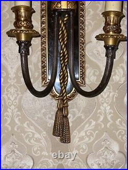 Neoclassical Double-Arm Sconces in Pewterand Brass, Antique Lighting