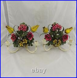 Noteworthy Pair of Italian Hand Painted Floral Metal Tole Wall Sconces 12 x 12